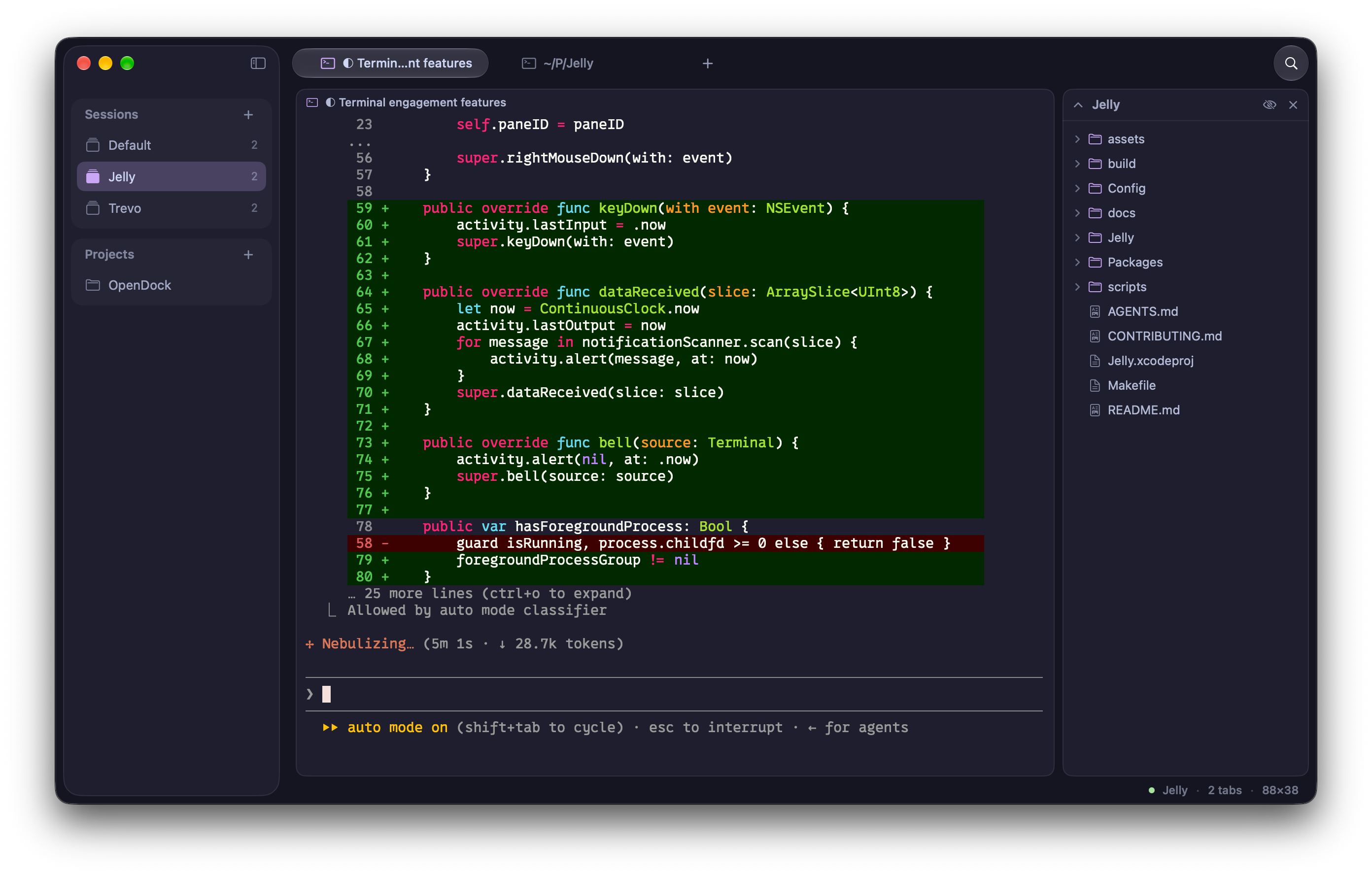 Jelly with named sessions, a running coding agent, and the project file explorer